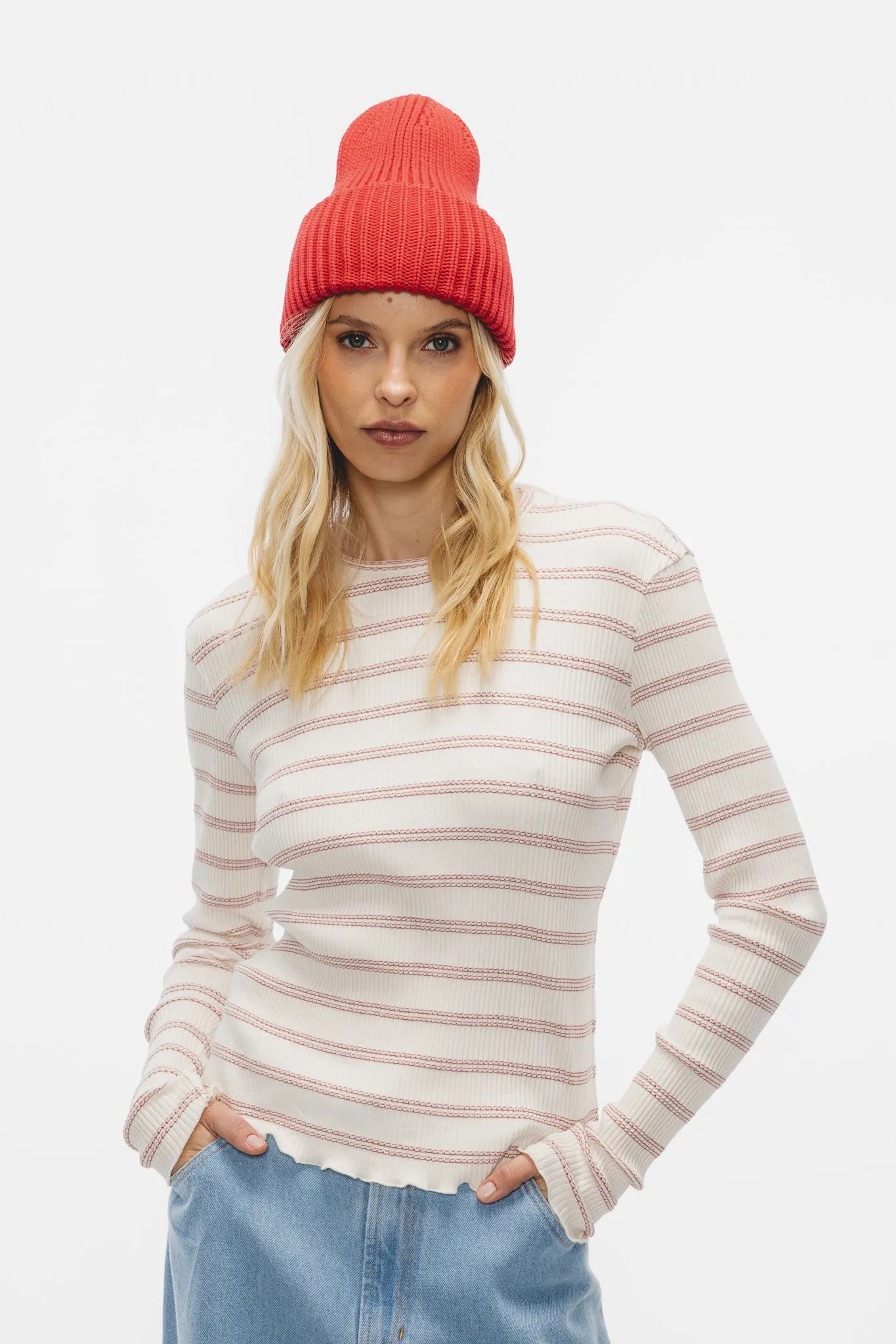 Longsleeve Frezja Paski Off White-Cegła