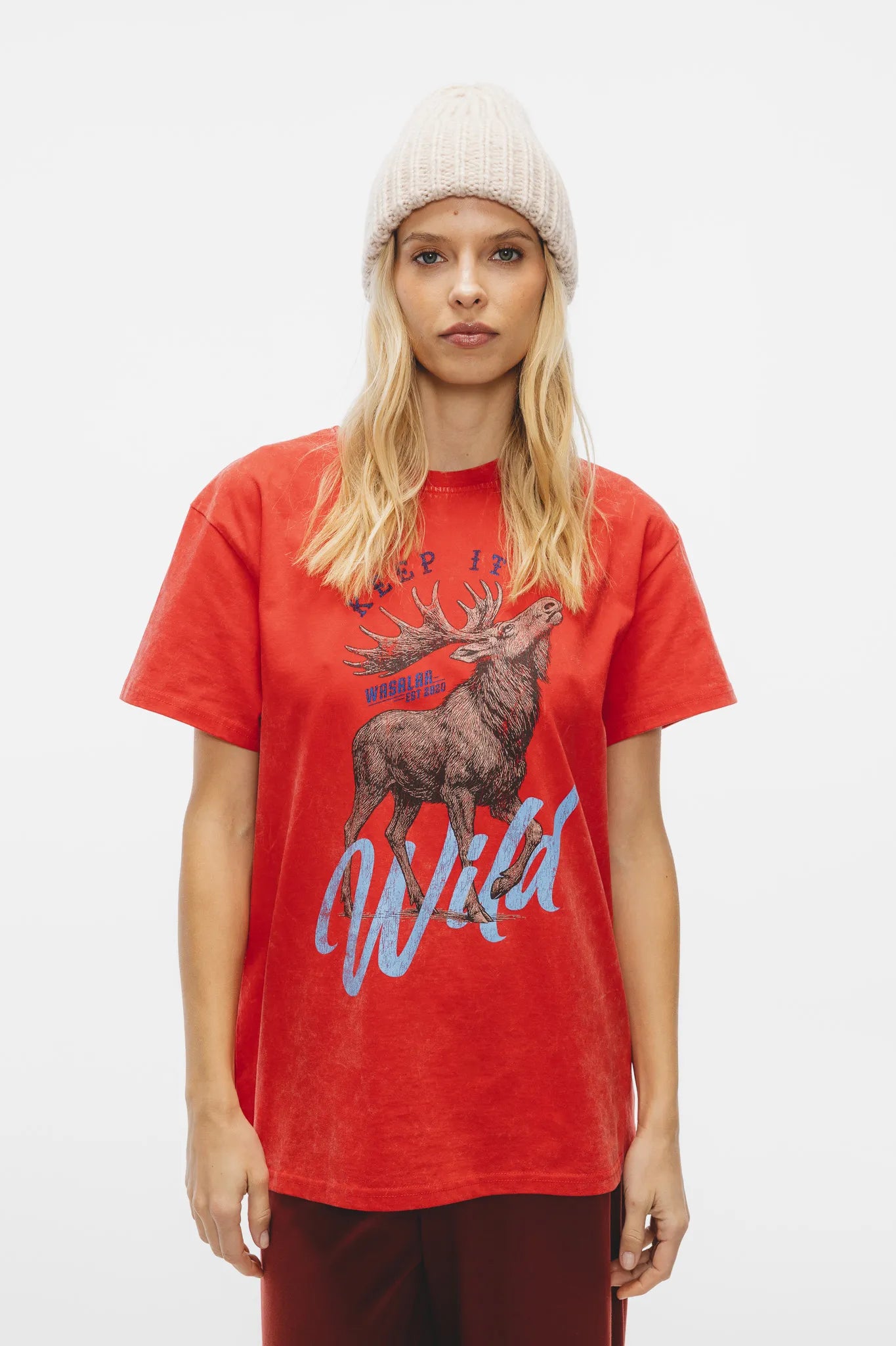 T-shirt Dru Vintage Print Łoś Sprany Czerwony