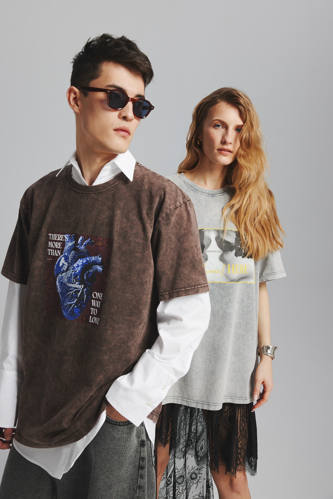 T-shirt Dru Vintage Print Serce Sprany Czekoladowy