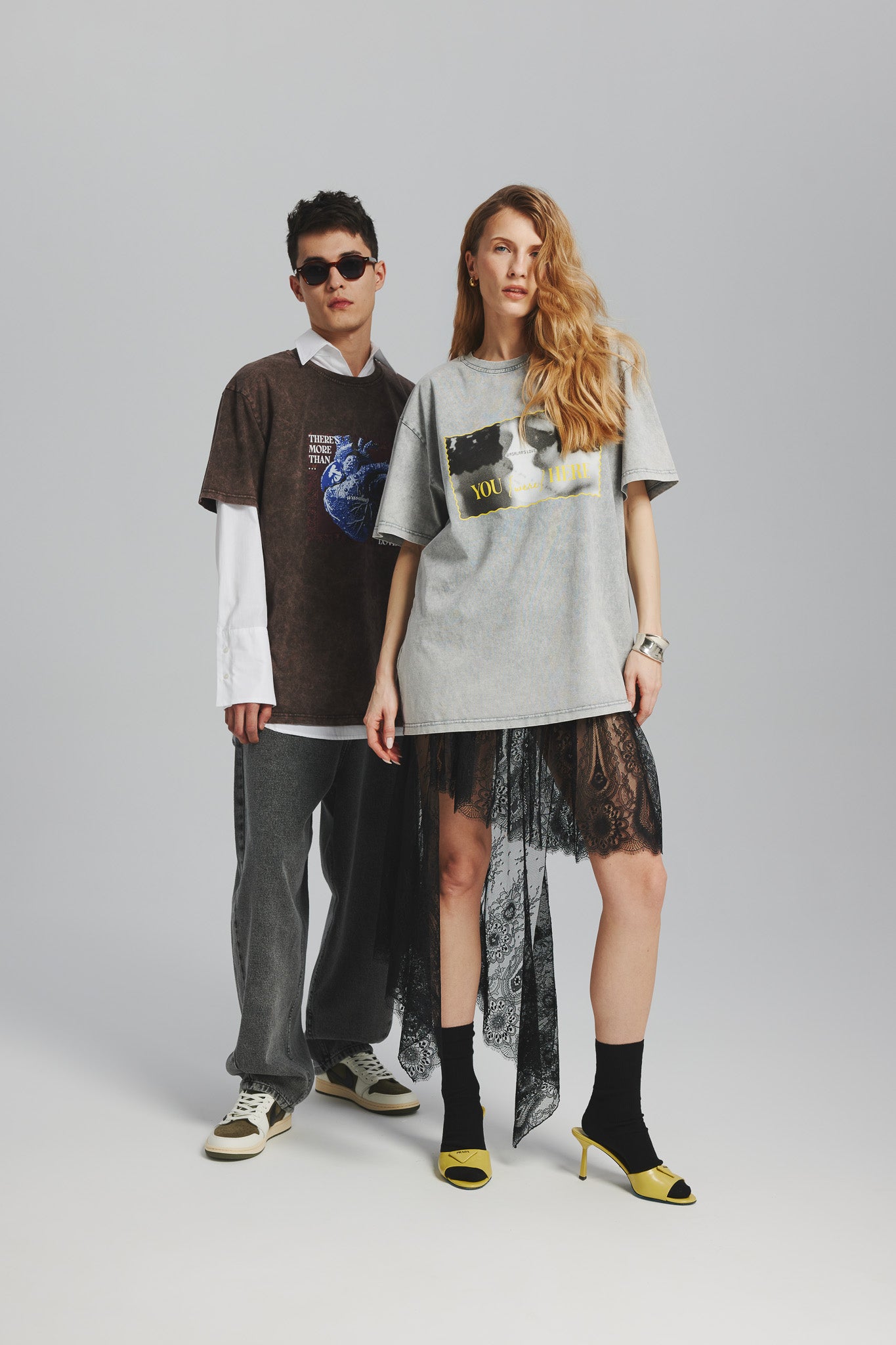 T-shirt Dru Vintage Print Serce Sprany Szary