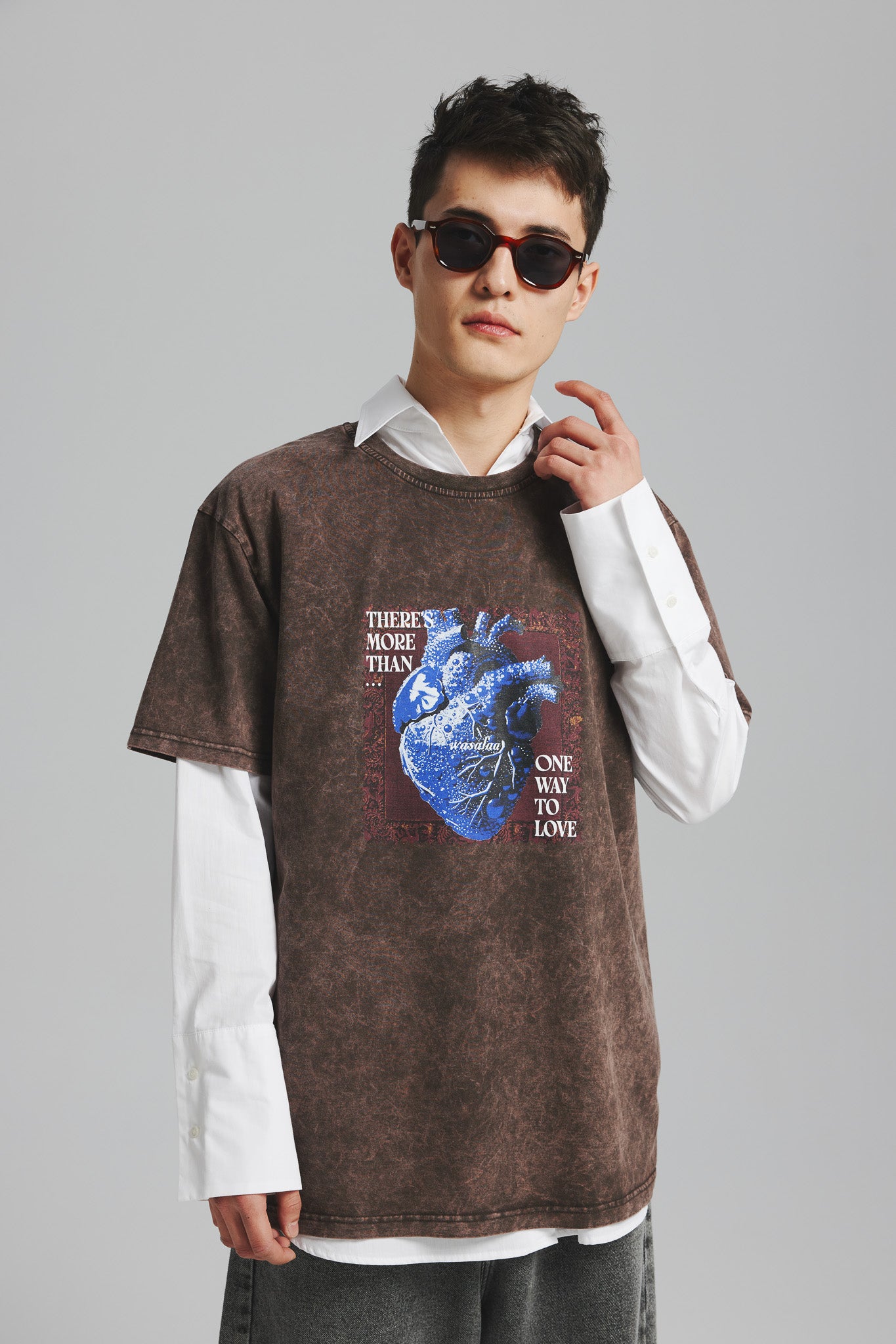 T-shirt Dru Vintage Print Serce Sprany Czekoladowy