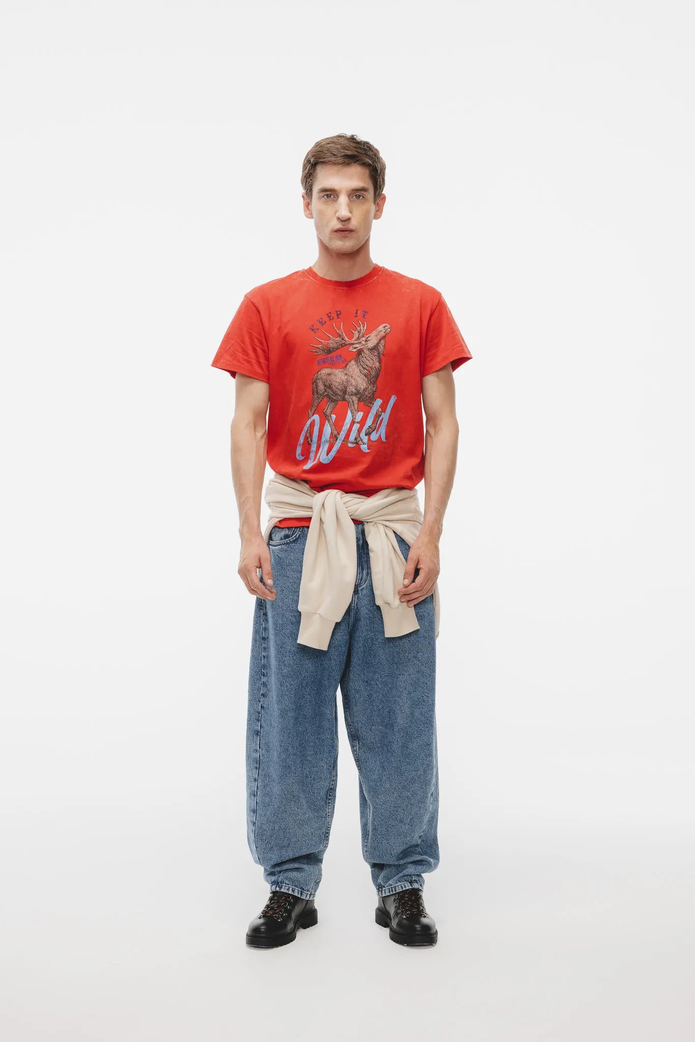 T-shirt Dru Vintage Print Łoś Sprany Czerwony