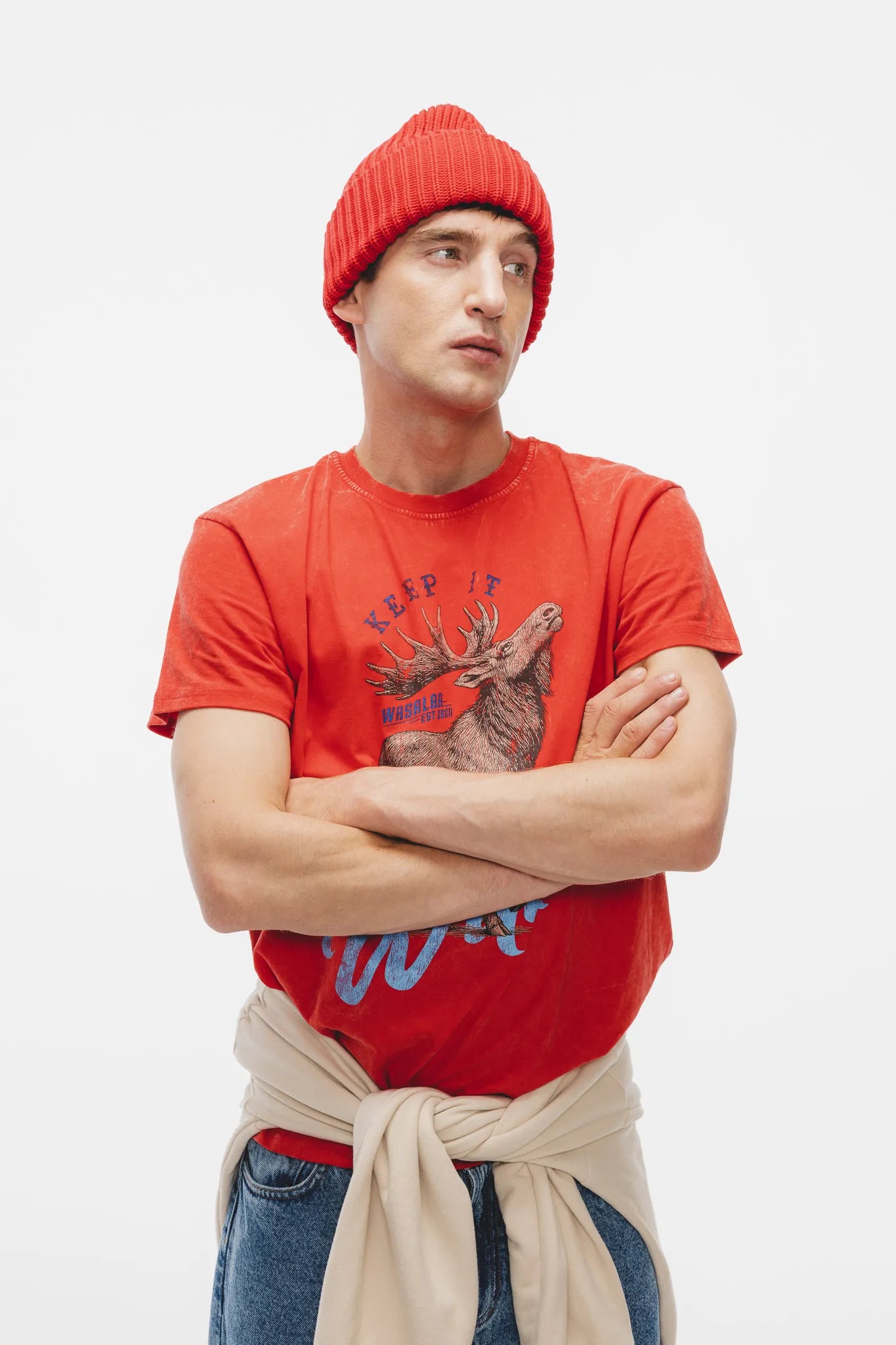 T-shirt Dru Vintage Print Łoś Sprany Czerwony