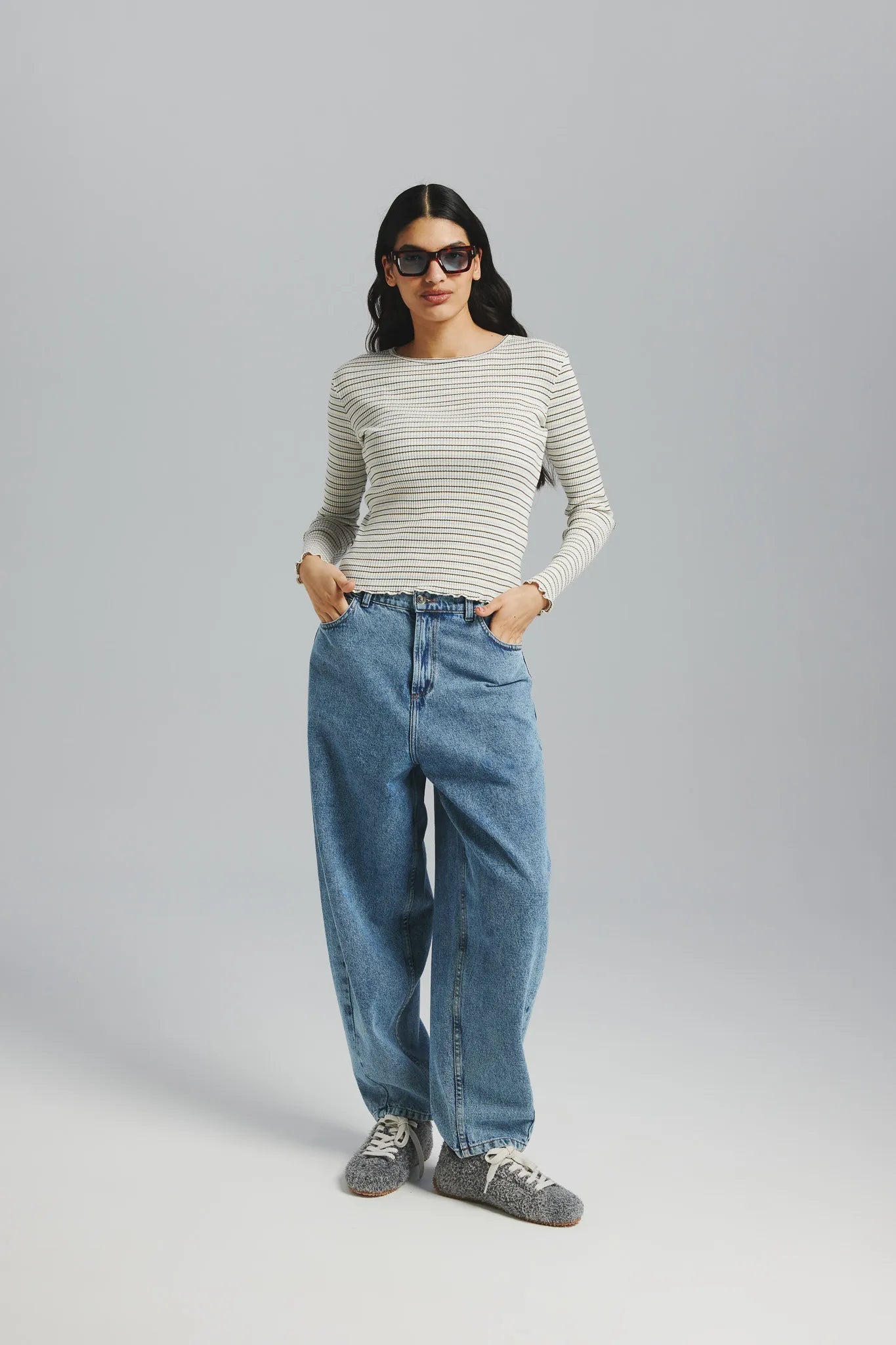 Longsleeve Frezja Paski Off White-Brązowy-Niebieski