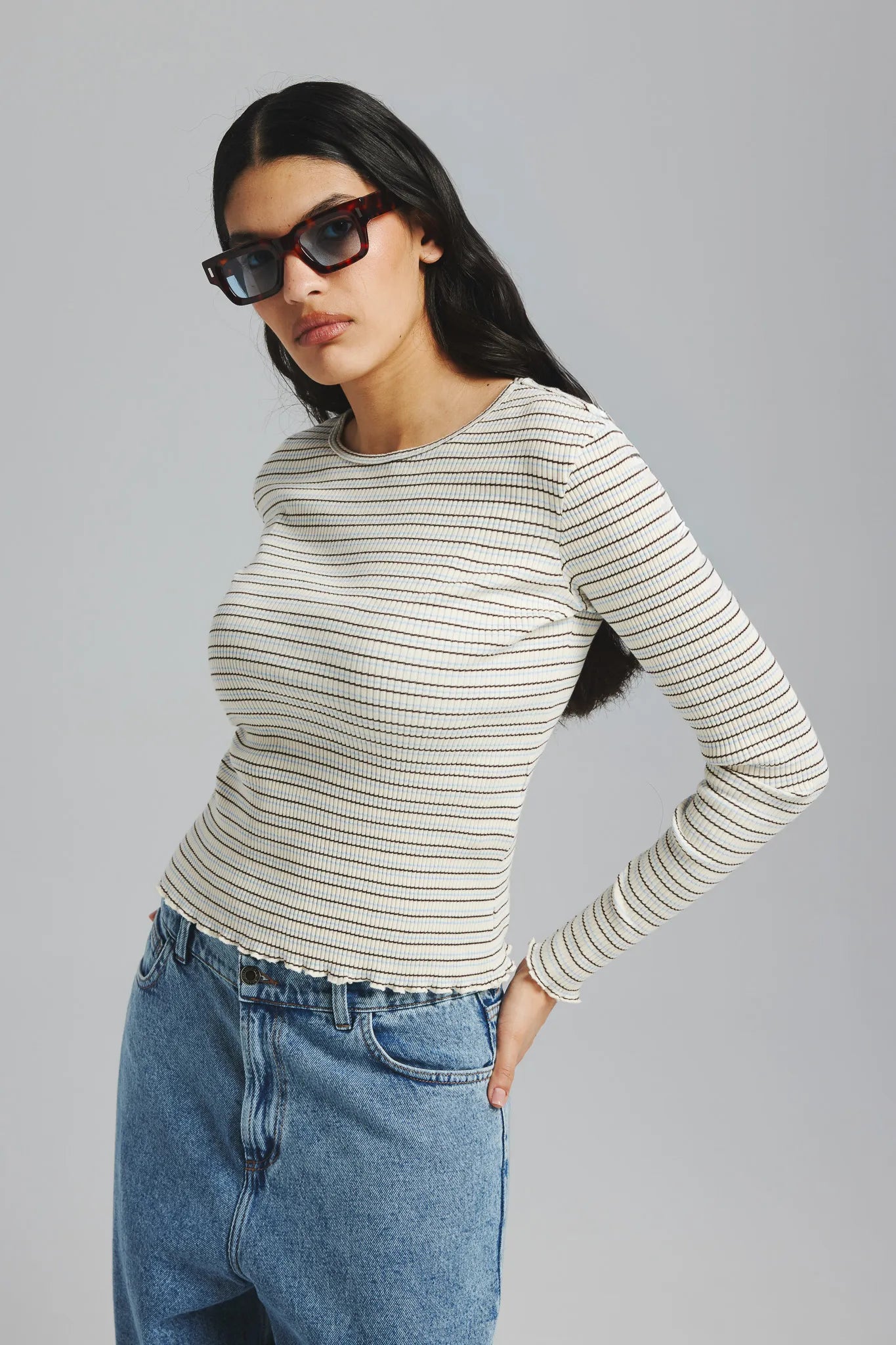 Longsleeve Frezja Paski Off White-Brązowy-Niebieski