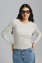 Longsleeve Frezja Paski Off White-Brązowy-Niebieski