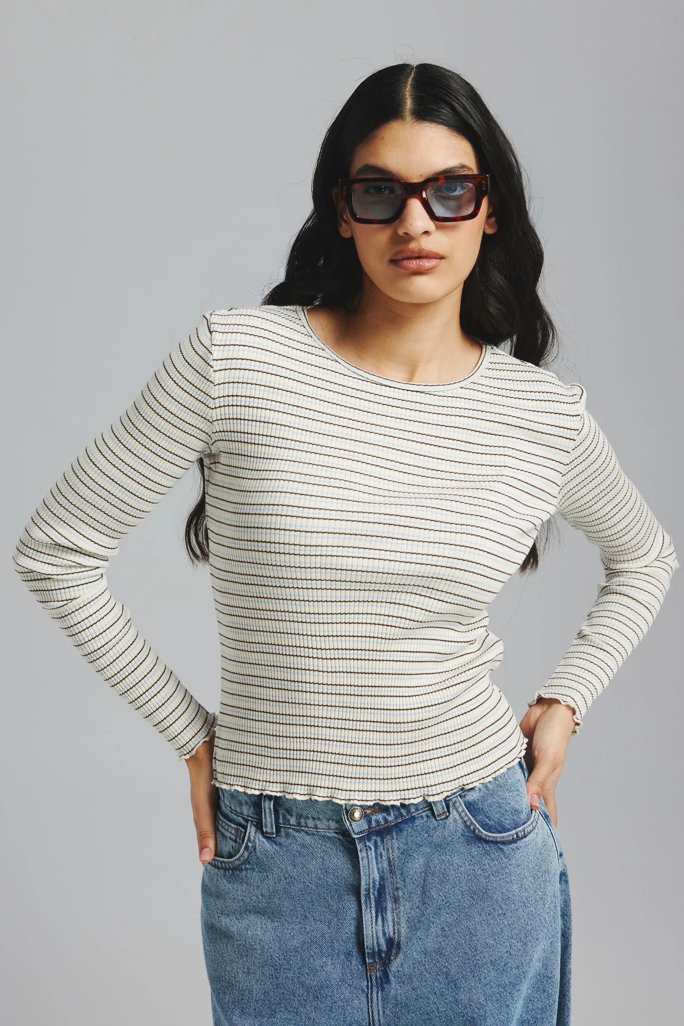 Longsleeve Frezja Paski Off White-Brązowy-Niebieski