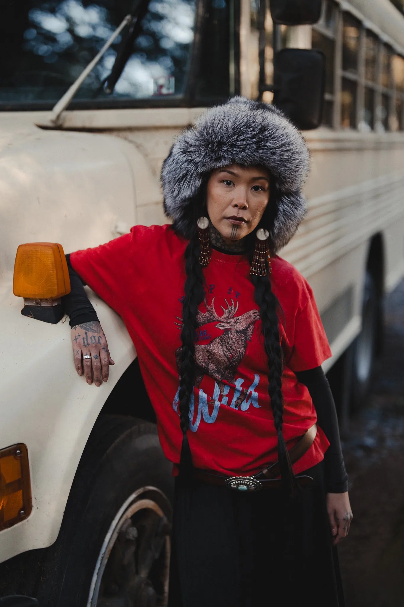 T-shirt Dru Vintage Print Łoś Sprany Czerwony